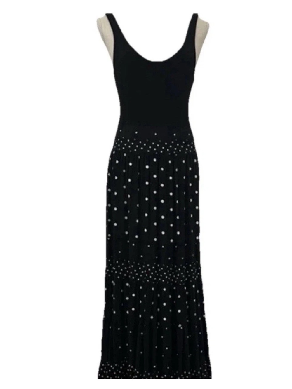 Anthropologie Maxi Dress Black White Polka Dot Sleeveless Tiered Flowy Sz S